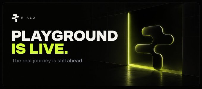 A promotional banner for Rialo announcing 'PLAYGROUND IS LIVE. The real journey is still ahead.' with a glowing green neon logo on a black background.