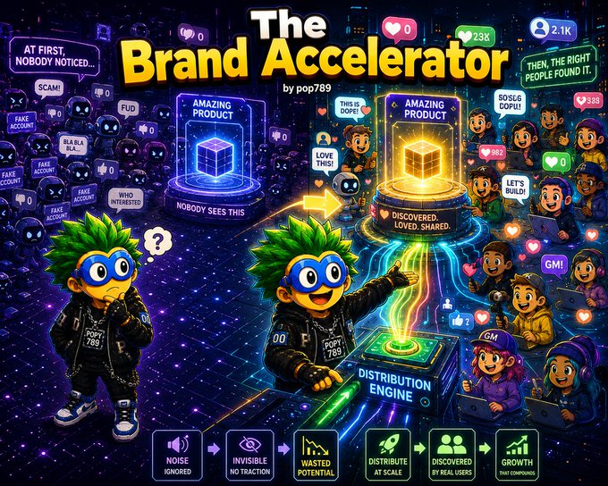 A vibrant promotional graphic titled 'The Brand Accelerator' by pop789, showing a character going from 'noise ignored' to 'growth,' illustrating a journey from an unnoticed product to one that is 'discovered, loved, shared'.