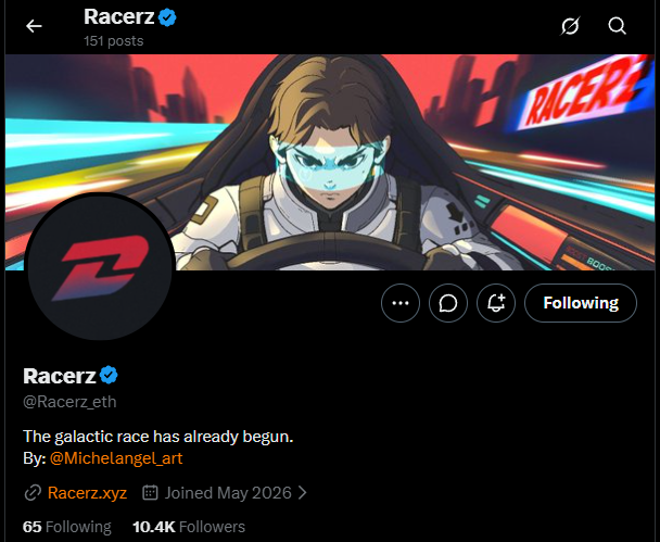 The image shows a social media post from a racing game, specifically the @Racerz_eth account. The post features an illustration of a person driving a race car with a caption that reads "Focus on what is in the image and how it relates to the post". The post also mentions that there are 100 whitelist slots available for the highly hyped @NucleusCodes applications, which are exclusively reserved for users with the highest NFT reputation. This collaboration aims to provide exclusive access to these applications for those who have achieved a major win in the racing game.