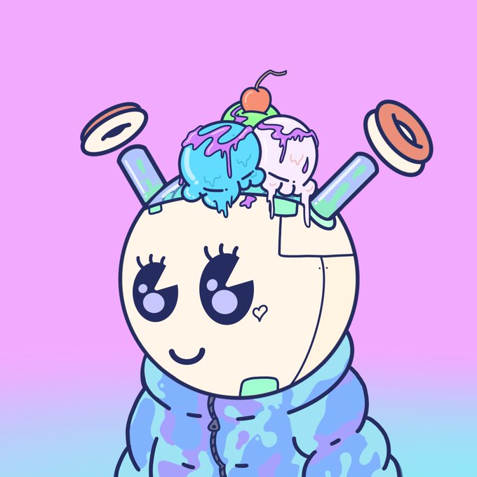 A cute cream-colored character with big expressive eyes wears a melting ice cream sundae (topped with a cherry) as a hat and a tie-dye hoodie, fitting perfectly with the Quirkies NFT theme celebrating playful, dessert-themed digital collectibles. The whimsical, pastel-styled illustration captures the quirky charm of owning this unique and fun NFT.