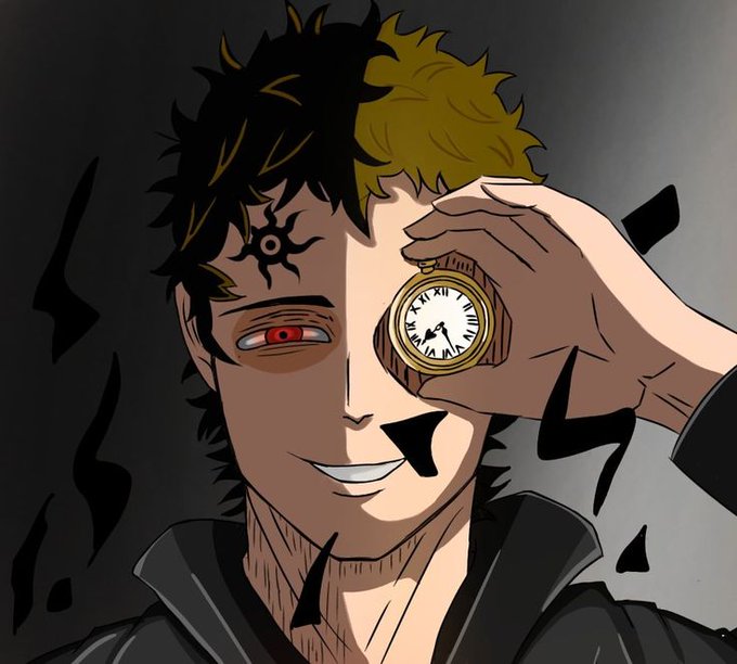 An anime-style illustration of a character split between black and blonde hair, holding a pocket watch over one eye and displaying a sinister smile with a red eye.