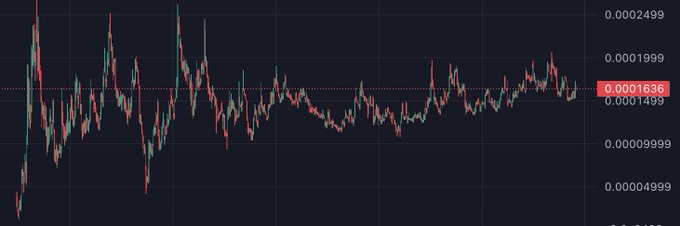 A cryptocurrency candlestick price chart showing price action hovering around 0.0001636 with visible price levels ranging from 0.00004999 to 0.0002499.