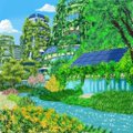 A vibrant, stylized digital illustration of a colorful village landscape with lush greenery, flowers, and a small house with solar panels.
