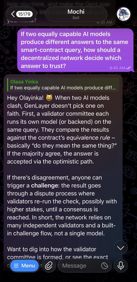 A Telegram chat with the 'Mochi' bot where 'Olaaa Yinka' explains how GenLayer handles conflicting AI model answers through validator committees, equivalence rules, and challenge mechanisms on a decentralized network.