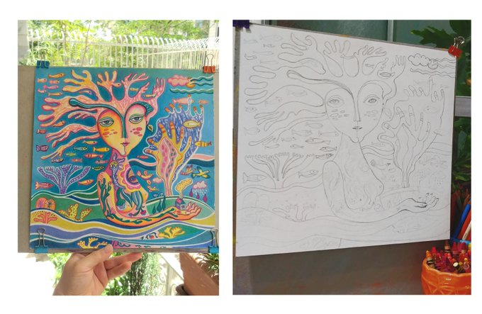 A side-by-side comparison of a colorful painting of a figure with flowing coral-like hair alongside its initial pencil sketch, both depicting a similar underwater or mythological scene.