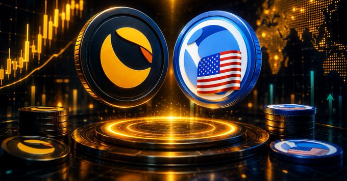 The illustration depicts two stylized cryptocurrency coins—one representing $LUNC with a fiery orange emblem and the other representing $USTC with an American flag motif—displayed side by side against a backdrop of golden candlestick charts and a glowing world map. The accompanying text highlights Module 2.0's goal of tightening minting control and enabling $LUNC–$USTC arbitrage, governance-approved but pending execution as of mid-2026.