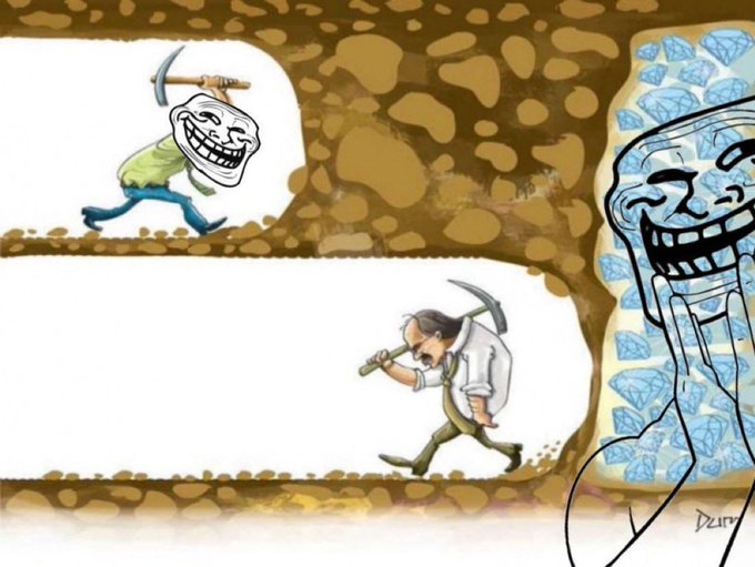 The image features a cartoon of two men, one wearing a white shirt and green pants holding a shovel and another man dressed in all white with a mustache standing next to him. The background shows a pile of diamonds. The caption reads "Bid $TROLL at 70m or bid $TROLL at 1B You decide Trolololol".