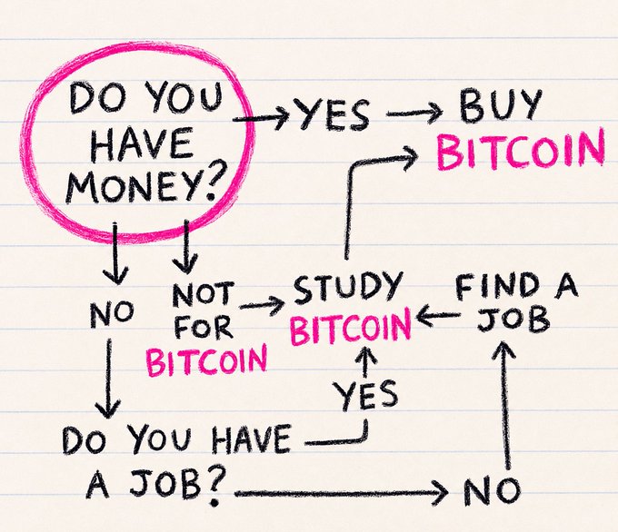 This flowchart playfully illustrates the path to Bitcoin, suggesting one should buy it if they have money, or study it if they don't and have a job. The flow emphasizes that having money or a job can lead to engaging with Bitcoin, echoing the post's call for honest self-assessment.