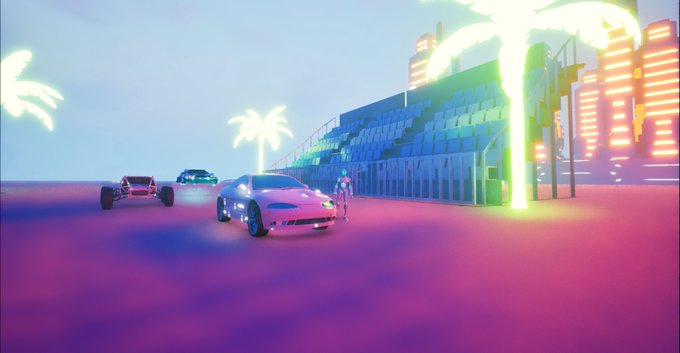 A stylized 3D-rendered scene features several vehicles, including a sports car and a Formula 1-style car, parked on a pink surface near neon palm trees and a futuristic city skyline.