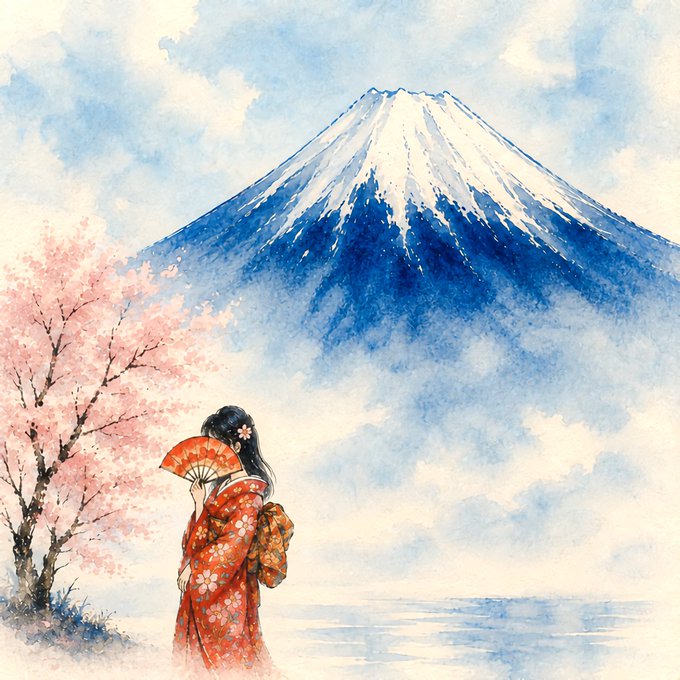 A watercolor painting depicting a woman in a red floral kimono holding a red fan, standing beside pink cherry blossom trees with Mount Fuji in the background.