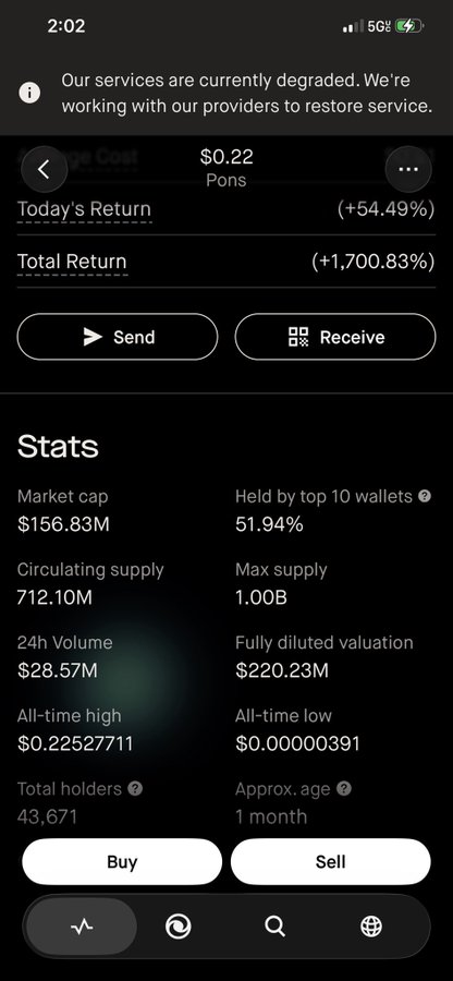 A Robinhood Wallet screenshot shows the "Stonks Coin" (Pons) up 54.49% today and a staggering +1,700.83% total return, with a market cap of $156.83M and 43,671 holders after just one month. The pumps perfectly capture the manic optimism of someone chasing generational wealth during a quick break at their Starbucks shift.