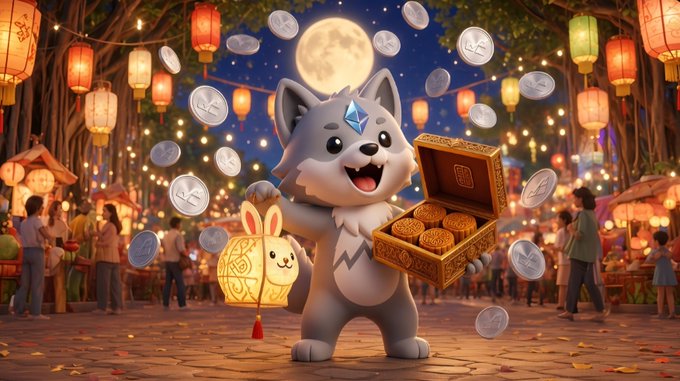 A 3D animated scene of a cute husky-like character with a crystal on its forehead, holding a rabbit-shaped lantern and a treasure chest of gold coins, surrounded by floating silver coins in a lantern-lit festival street at night under a full moon.