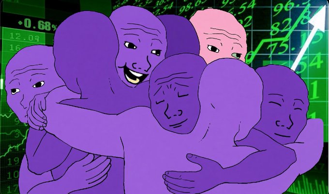 Illustration of multiple purple figures hugging in front of a green financial chart background with various numbers and percentages.