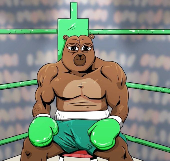A muscular cartoon bear wearing green boxing gloves and shorts sits victoriously in a wrestling ring corner, embodying the "Winning" caption with its confident, battle-ready pose.