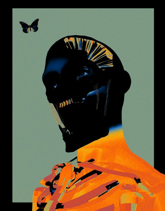 A stylized portrait features a silhouetted figure in vibrant orange and black with a butterfly hovering nearby, set against a muted green background—evoking the artistic flair of an OBJKT NFT collection post.