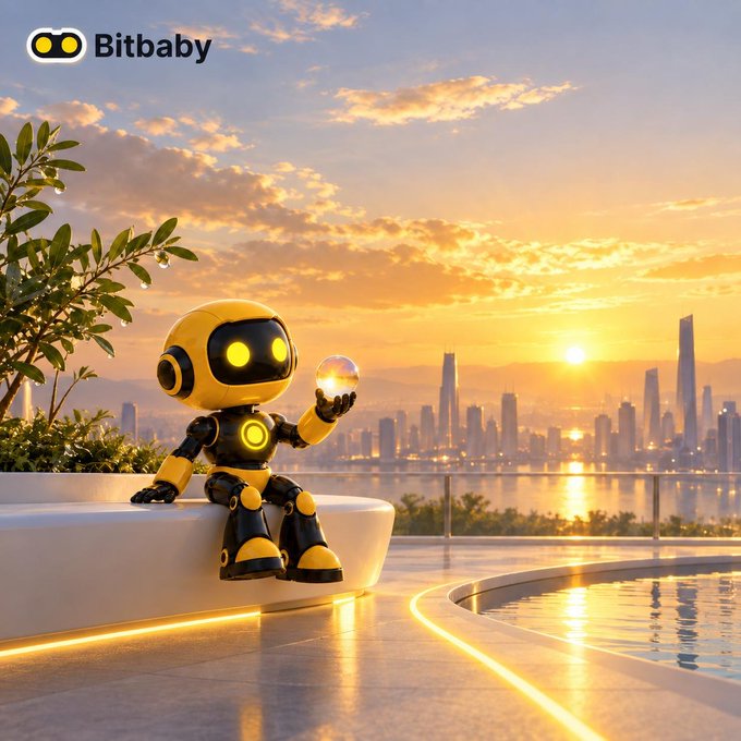 A promotional image showing a yellow robot character holding a crystal ball against a sunset cityscape, branded with 'Bitbaby' logo in the top left.