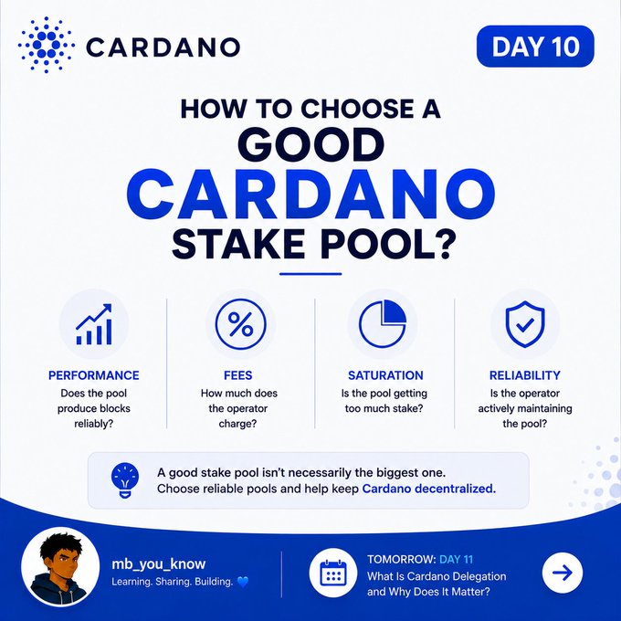 An infographic titled 'HOW TO CHOOSE A GOOD CARDANO STAKE POOL?' (Day 10) detailing four key factors: PERFORMANCE, FEES, SATURATION, and RELIABILITY, with a tip to choose reliable pools to help keep Cardano decentralized, posted by 'mb_you_know'.