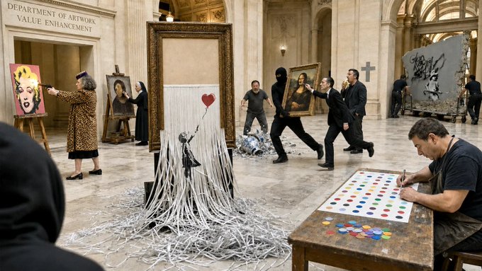 A satirical, AI-generated "heist" scene staged inside the Louvre Museum, showing masked figures fleeing with famous artworks—including Banksy's "Girl with Balloon," the Mona Lisa, and a "Girl with the Pearl Earring" print—while a woman brandishes a gun, a nun watches, and an artist paints colorful dots on a canvas. The "Department of Artwork Value Enhancement" sign and the bizarre, dreamlike composition poke fun at the speculative, meme-driven NFT art market, aligning with the post's promotion of the "PLEASE TOUCH" 1/1 NFT auction by @TransientLabs, which likely mocks the absurdity and commodification of digital art.