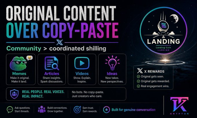 A promotional graphic titled 'ORIGINAL CONTENT OVER COPY-PASTE' featuring the Landing Coin logo and messaging about X Rewards for genuine engagement.