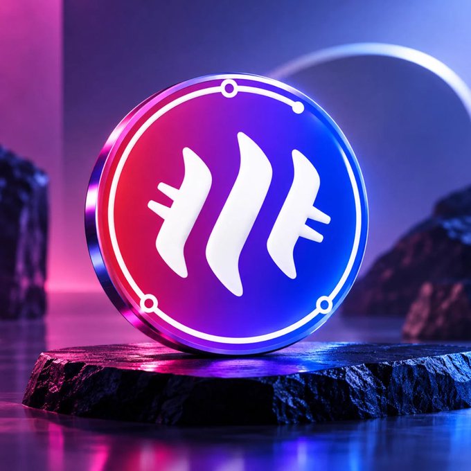 A glowing neon-lit 3D circular emblem featuring white claw-mark style icons on a purple and blue gradient background, displayed on a stone pedestal with moody lighting.