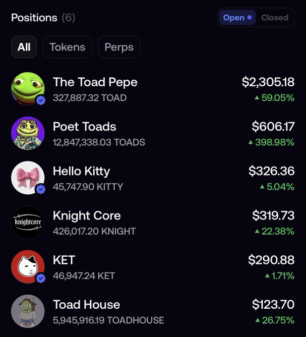 A cryptocurrency portfolio interface showing 6 open positions including The Toad Pepe ($2,305.18, +59.05%), Poet Toads ($606.17, +398.98%), Hello Kitty ($326.36, +5.04%), Knight Core ($319.73, +22.38%), KET ($290.88, +1.71%), and Toad House ($123.70, +26.75%).