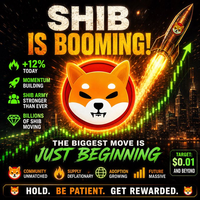 A promotional graphic declares 'SHIB IS BOOMING!' featuring the Shiba Inu dog logo, a rocket launching, and text highlighting '+12% TODAY', 'MOMENTUM BUILDING', 'SHIB ARMY STRONGER THAN EVER', and a 'TARGET: $0.01'.