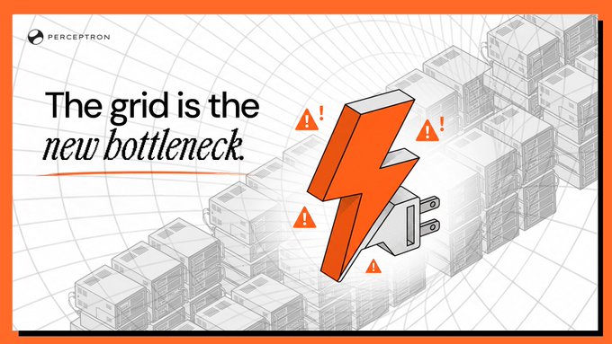 The image, branded with the Perceptron logo, features the bold tagline "The grid is the new bottleneck" alongside an orange lightning bolt crashing into rows of server racks marked with warning symbols. It visually reinforces the post's argument that traditional data center expansion is constrained by power grid limitations—a problem Perceptron avoids through its distributed computing model.