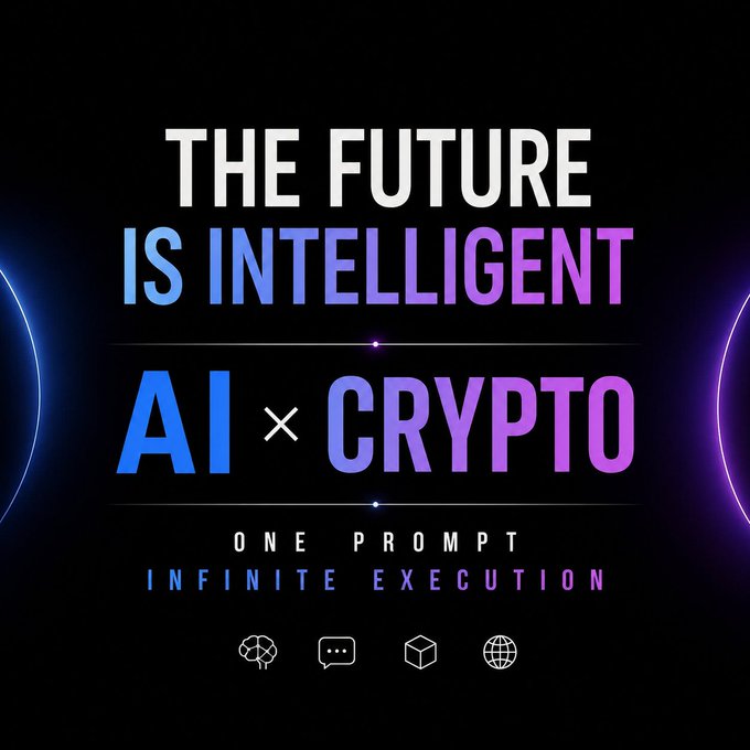 A promotional graphic reads 'THE FUTURE IS INTELLIGENT', 'AI x CRYPTO', and 'ONE PROMPT INFINITE EXECUTION' on a dark background with glowing blue and purple accents.