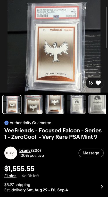 eBay listing for a PSA Mint 9 'VeeFriends - Focused Falcon - Series 1 - ZeroCool - Very Rare' trading card, priced at $1,555.55 with 21 bids.