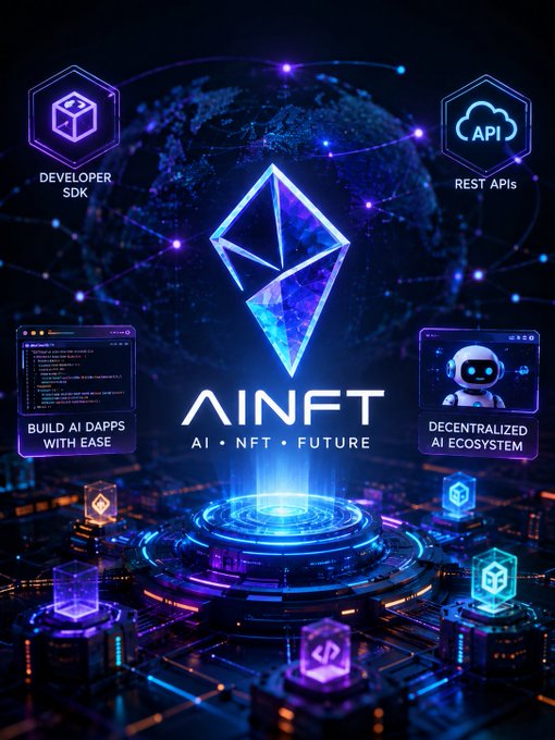The image showcases the AINFT platform with its tagline "AI • NFT • FUTURE," featuring a glowing Ethereum-inspired diamond logo surrounded by hexagonal feature icons highlighting "Developer SDK," "REST APIs," "Build AI Dapps with Ease," and "Decentralized AI Ecosystem." The futuristic tech aesthetic, complete with circuit board elements and a global network backdrop, visually reinforces the post's message about AINFT's developer tools and decentralized AI ecosystem for Web3 applications.