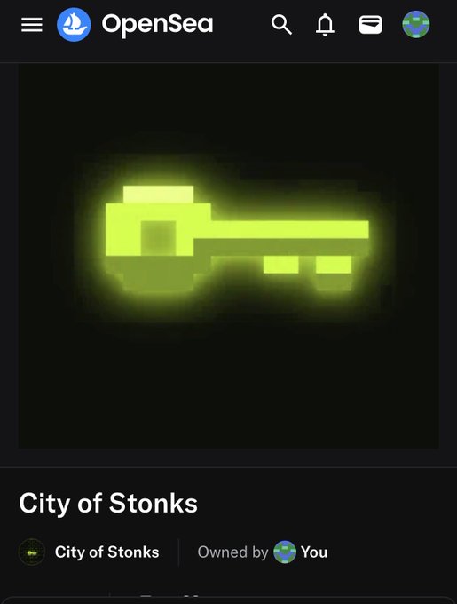 An OpenSea mobile screenshot showing a glowing yellow pixel-art key NFT titled "City of Stonks" owned by the user, which corresponds to the post celebrating minting a key from the @CityOfStonks collection.