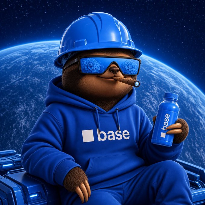 A 3D digital illustration of a relaxed bear mascot wearing blue 'base' branded sunglasses and hoodie, smoking a cigar and holding a 'base' water bottle against a backdrop of space and Earth.