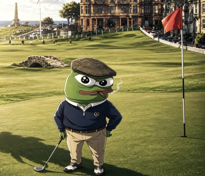 An illustration depicts the Pepe the Frog character dressed in golf attire, standing on a course with a flat cap and holding a club.