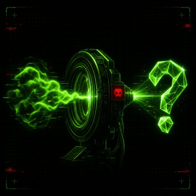 A glowing green circular device with a red skull emblem emits electric energy and projects a holographic question mark, symbolizing the cryptic and conspiratorial nature of crypto. The image visually reinforces the post's message that more specific, conspiratorial prompts yield better AI responses.