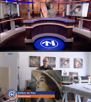 The image shows two different scenes of an artist at work. In the first scene, a man is standing behind a desk with a painting displayed on the wall next to him. The second scene features another man holding up a painting for viewers to see. Both artists are wearing glasses and have their paintings displayed prominently in front of them.