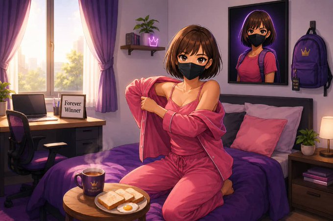 An anime-style illustration of a girl with short brown hair and a black face mask in a pink loungewear outfit, sitting on a bed in a purple-themed room with a 'Forever Winner' sign, a framed portrait of herself, and breakfast including toast and a fried egg on a small table.