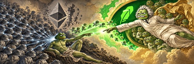 A digital artwork depicting a Michelangelo-style scene with two figures reaching toward each other, one receiving beams of light from an Ethereum logo and the other from a green leaf logo, surrounded by crowds of onlookers.