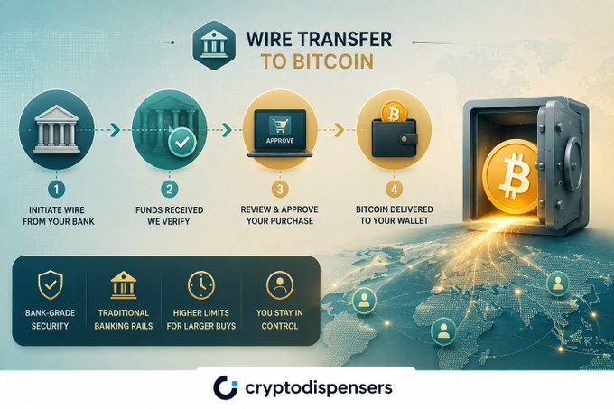 An infographic titled 'WIRE TRANSFER TO BITCOIN' by cryptodispensers, outlining four steps—Initiate Wire from Your Bank, Funds Received We Verify, Review & Approve Your Purchase, and Bitcoin Delivered to Your Wallet—with features like bank-grade security and higher transaction limits.