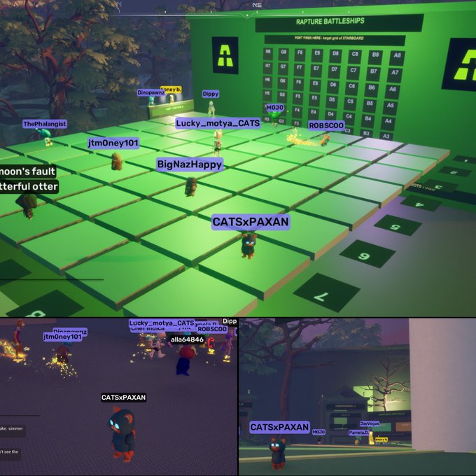 A screenshot from a virtual game showing players with usernames like 'jtm0ney101', 'BigNazHappy', and 'CATSxPAXAN' on a green grid labeled 'RAPTURE BATTLESHIPS'.