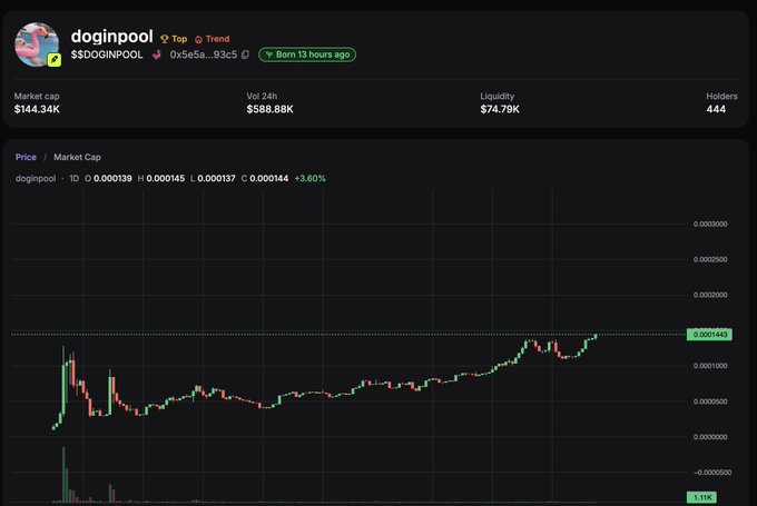 A cryptocurrency trading chart for '$DOGINPOOL' on Solana, showing a market cap of $144.34K, volume of $588.88K, and a recent +3.60% price increase to $0.0001445 with 444 holders.