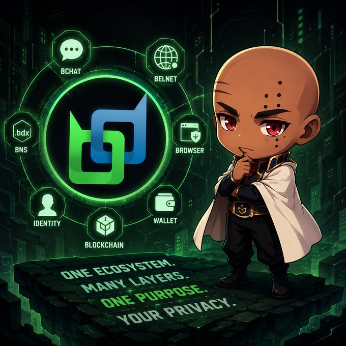 A digital illustration of a chibi-style character with a white cape standing next to a glowing logo surrounded by icons for 'BCHAT', 'BELNET', 'BNS', 'BROWSER', 'IDENTITY', 'WALLET', and 'BLOCKCHAIN', with the text 'ONE ECOSYSTEM. MANY LAYERS. ONE PURPOSE. YOUR PRIVACY.'