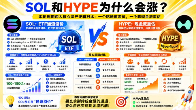 This image is a Chinese infographic comparing two cryptocurrency assets—SOL (Solana) and HYPE (Hyperliquid)—and their differing bull market drivers. It contrasts SOL's "channel premium" logic, driven by traditional finance access through ETF approvals and a $580M staking inflow, against HYPE's "cash flow revaluation" logic, driven by its $15B annualized trading volume and $150M+ fees as a decentralized perpetual exchange. The graphic relates to the post by visually reinforcing the argument that SOL and HYPE represent two distinct asset theses—one gaining value through institutional entry channels, the other through organic on-chain revenue generation.