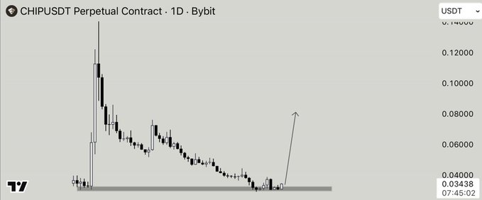 The image shows a chart with a downward sloping line, indicating a decline or decrease in value over time. The text "CHIP" appears at the bottom of the image. This information might be related to the post about the cryptocurrency market, as indicated by the caption that reads "$CHIP | Bottom."