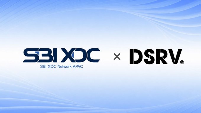 A light blue graphic displaying the logos of "SBI XDC Network APAC" and "DSRV" separated by an "×" symbol, representing their newly announced collaboration to develop enterprise blockchain use cases across Japan and Korea using the XDC Network.