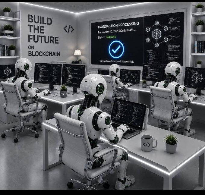 Multiple humanoid robots work at computer stations in a futuristic office, with a wall display reading "BUILD THE FUTURE ON BLOCKCHAIN" and a transaction screen showing "Transaction Completed Successfully" with status "Success." The image visually reinforces the post's call to be a top performer hitting 5,000 verified transactions daily, depicting an efficient, automated workforce that embodies high-volume blockchain transaction processing.