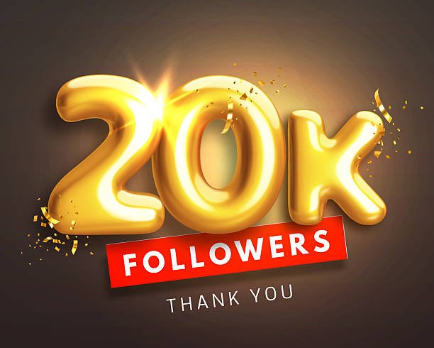 A celebratory graphic featuring large golden 3D text reading '20K FOLLOWERS' with a red banner and 'THANK YOU' message below.