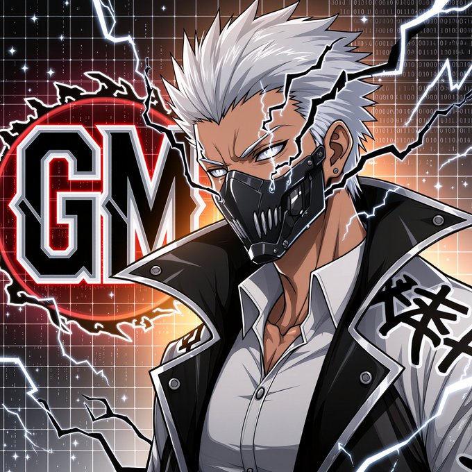 Anime-style illustration of a white-haired character wearing a black mask with a jagged-tooth design, leather jacket, and white shirt, set against a red and black background with lightning, binary code, and a large 'GM' logo.