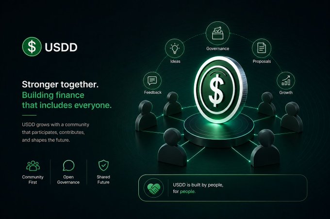 A promotional graphic for USDD cryptocurrency features the text 'Stronger together. Building finance that includes everyone,' with a community of figures surrounding a central dollar coin, emphasizing Community First, Open Governance, and Shared Future.
