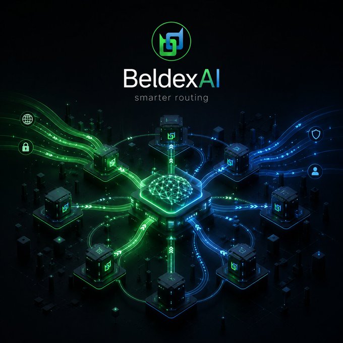 A promotional graphic for 'Beldex AI' featuring the tagline 'smarter routing', illustrates a central brain icon connected by green and blue glowing digital pathways to various node icons representing security, global access, and user data.