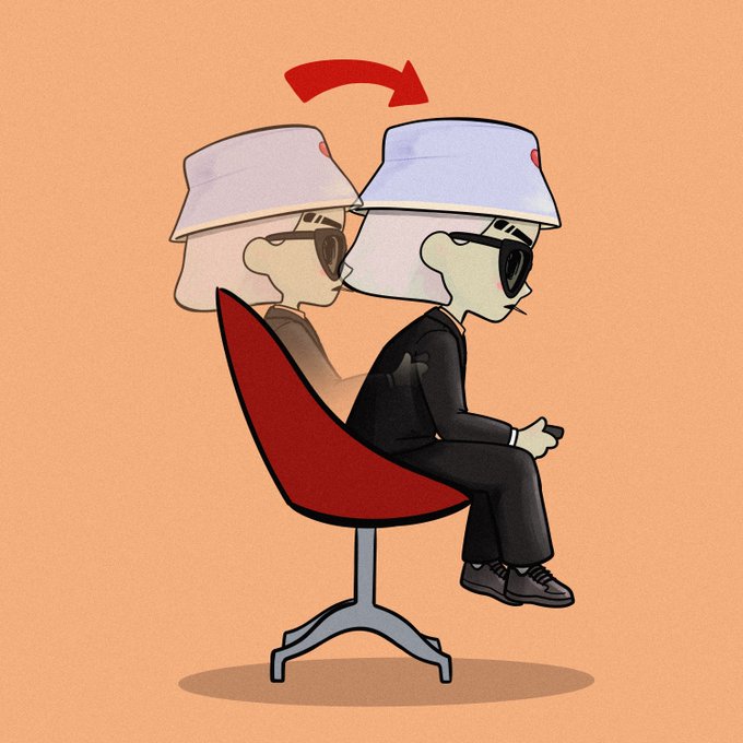 A minimalist cartoon illustration showing two figures wearing white bucket hats and sunglasses sitting in a red chair, one faded/translucent behind the other, with a red arrow indicating movement or transformation.